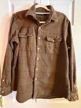 Polo Ralph Lauren VTG Hunting Shirt Mens L Brown Plaid Flannel Suede Houndstooth